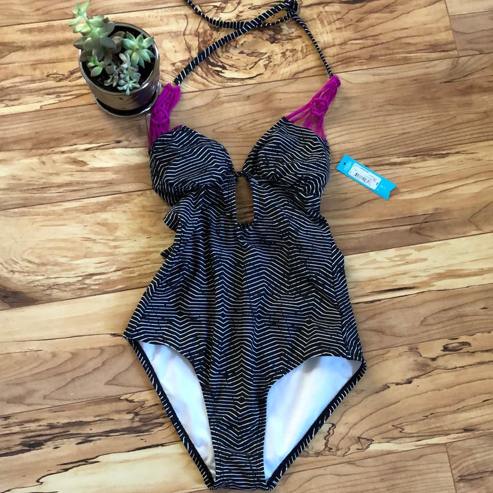 Black & White Striped One-Piece Swimsuit with Magenta Straps